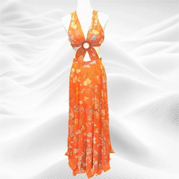 My Beachy Side Butterfly Begonia Cut Out Maxi Dress Romantic Small Orange - Picture 3 of 11